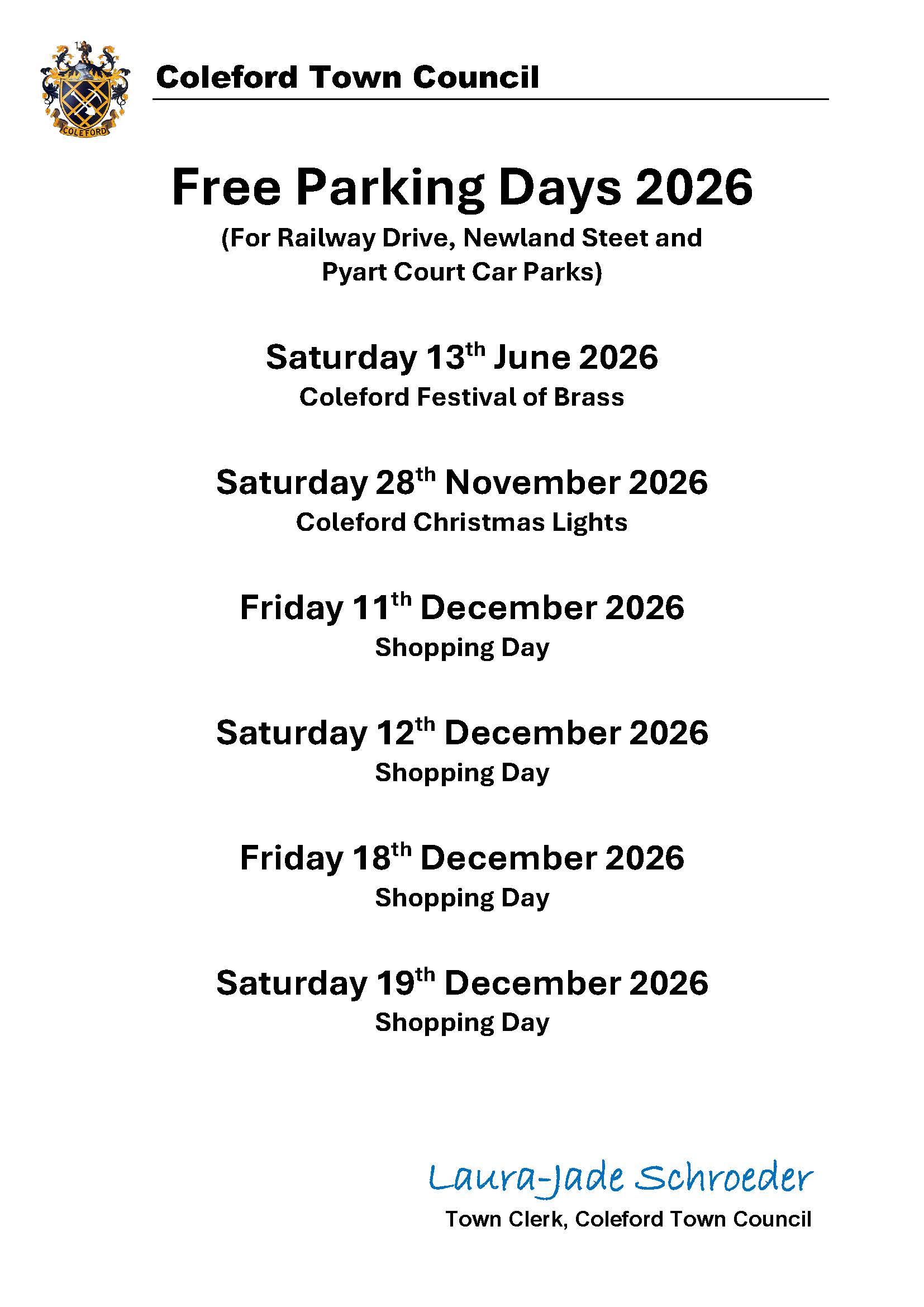 Free Parking Days 2026 in Coleford.